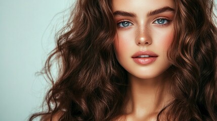 Fototapeta premium Portrait of a Woman with Freckles and Wavy Brown Hair Style