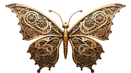 A steampunk butterfly with intricate gear designs and brass accents on a black background