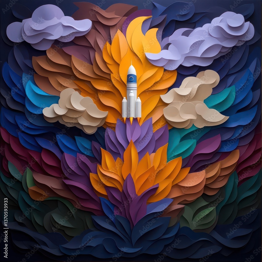 Aufkleber artistic paper cut illustration of a rocket launch with colorful layered flames and clouds against a