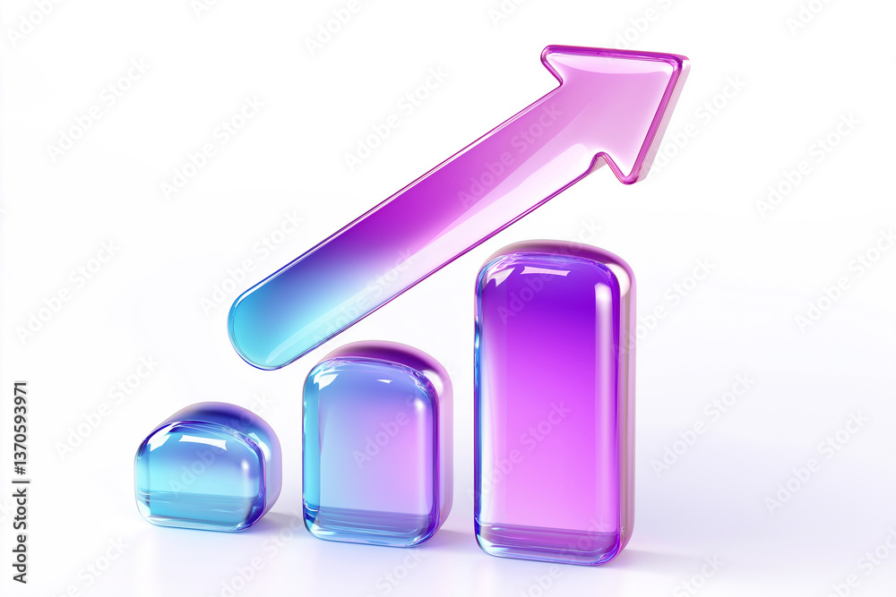 Poster growing bar graph with upward arrow showing positive trend in glassy design