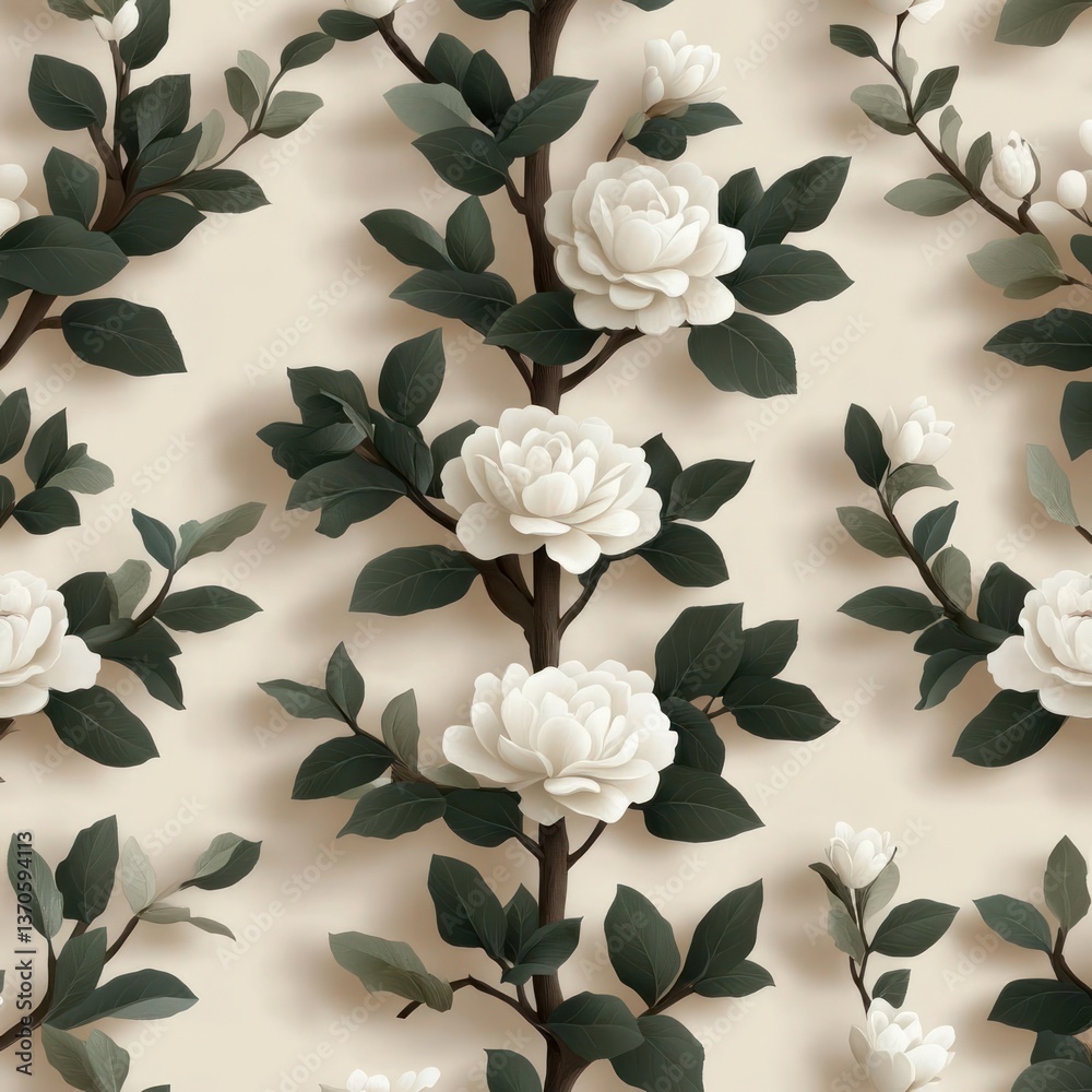 Fototapete elegant floral seamless pattern featuring white roses against a beige backdrop with dark green folia