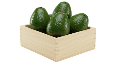 Isolated Group of Green Avocados in Wooden Crate