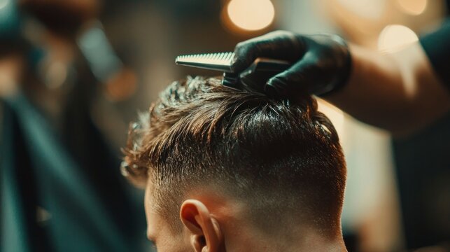 Man Getting Haircut at Barbershop with Comb and Hair Clippers