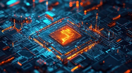 Fototapeta na wymiar Advanced microchip design with luminous pathways representing complex data flows
