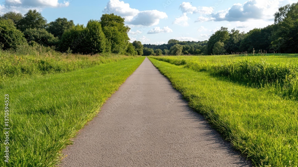 Poster a gravel path stretches into the distance flanked by vibrant green grass and trees under a partly cl