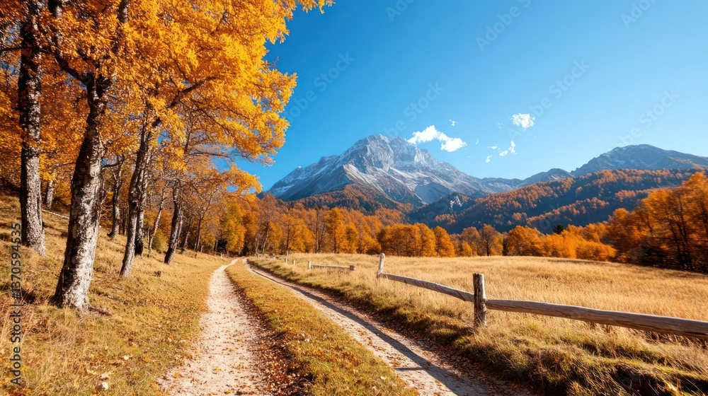 Poster scenic autumn landscape with golden foliage, a mountain backdrop, and a rustic path. the image shows