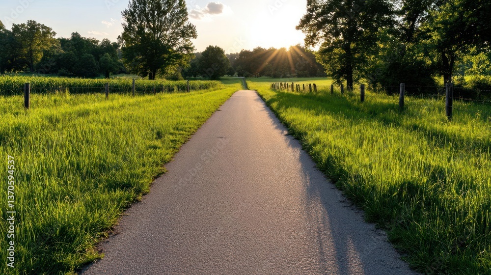 Aufkleber pathway through vibrant green fields at sunset with sunbeams streaming through trees and a clear sky