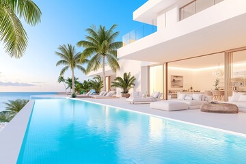 Fototapeta premium Luxury Waterfront Villa at Sunrise with Glass-Paneled Balconies, Infinity Pool, Turquoise Lagoon, Palm Trees, Modern Architecture, Beachfront Property, Outdoor Lounge and Deck