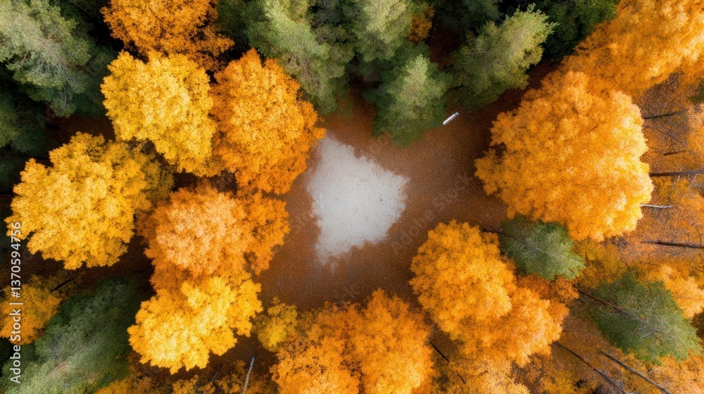 Aufkleber Aerial perspective of autumn forest with vibrant yellow and green trees surrounding a light-colored pond during daylight hours. Trees create natural patterns and textures