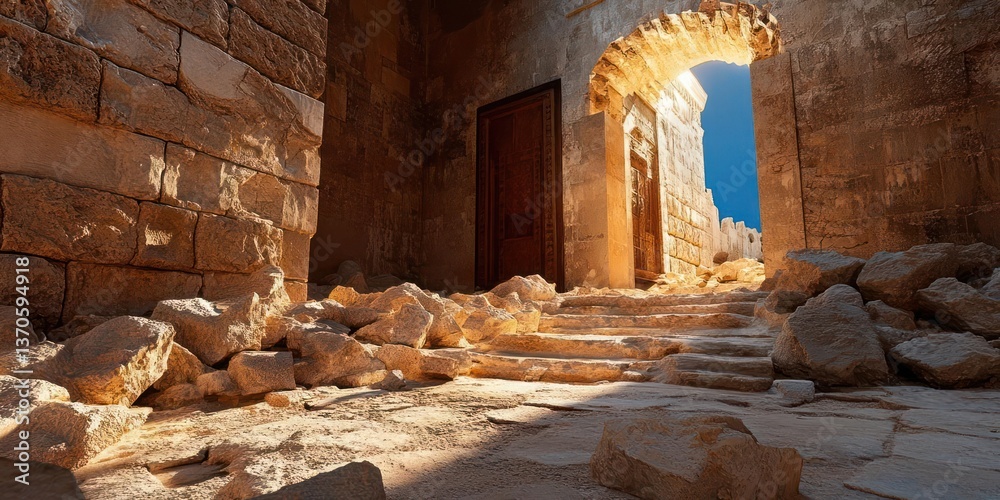 Poster ancient stone archway leads to a door illuminated by sunlight with stone steps and scattered rubble 