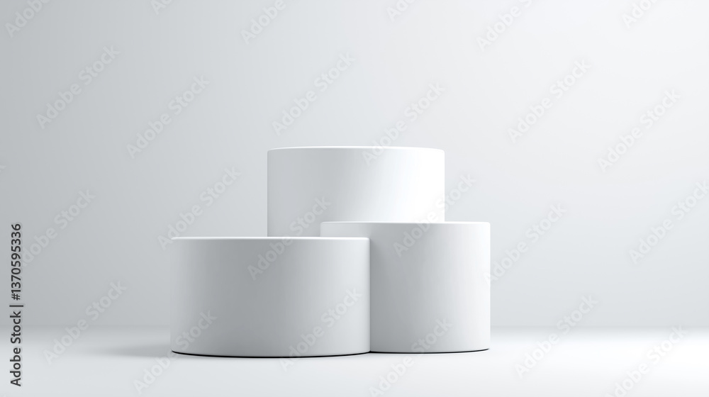 Poster three white cylinders creating a podium on a white background