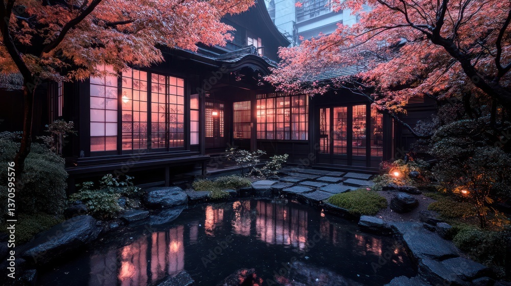 Poster generic garden scene at dusk features a traditional wooden structure surrounded by cherry blossom tr
