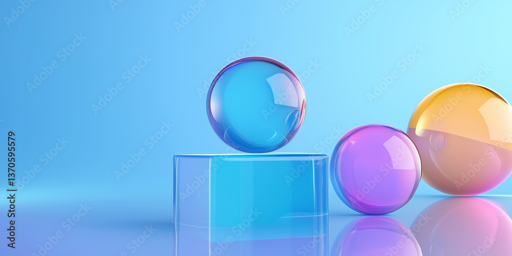 Poster Colorful glass spheres and cube creating abstract composition on blue background