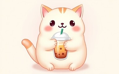 Adorable kawaii-style vector illustration of a chubby cat holding a bubble tea, with big sparkly eyes, pastel colors, and soft outlines, perfect for stickers and merchandise.