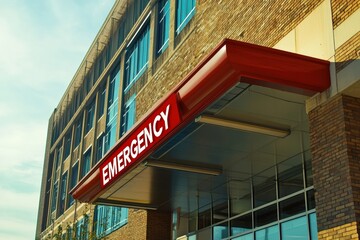 Obraz premium Hospital exterior with brick wall and metal beams with large red 