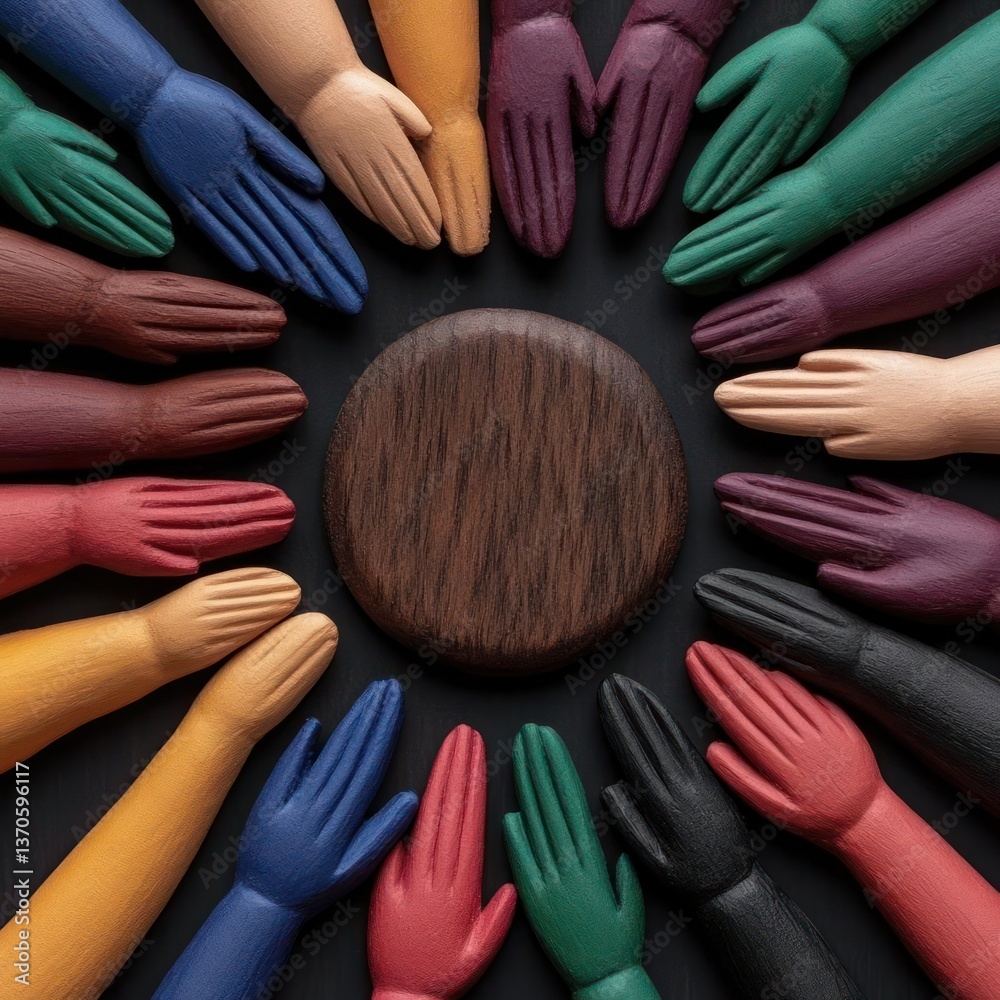 Poster arrangement of colorful hand sculptures encircling a wooden circle on a black background. artistic c