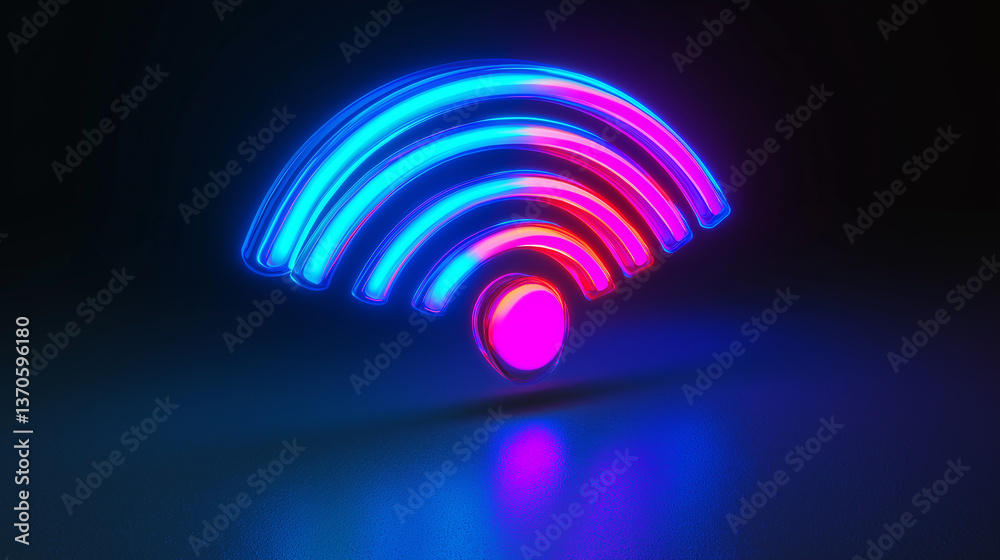 Poster Neon wifi symbol glowing on dark background representing wireless network and connection