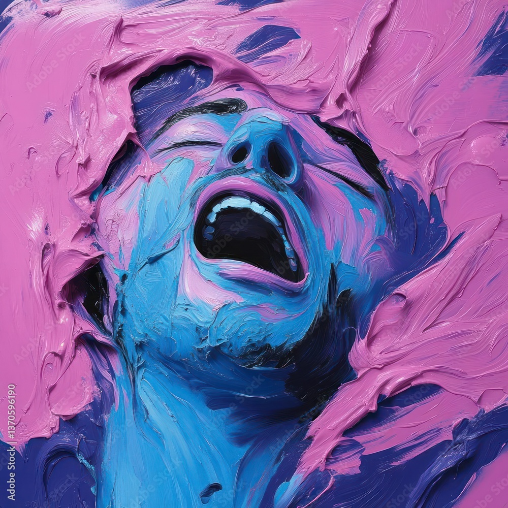 Aufkleber close-up of face covered in vibrant textured blue and pink paint with open mouth and closed eyes cre