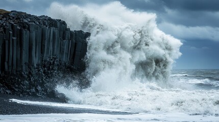 A black sand beach in Iceland, with towering basalt columns and crashing waves