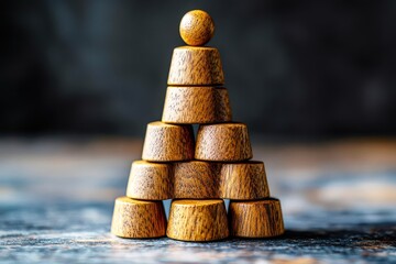 Obraz premium Wooden Stacking Pieces Forming a Pyramid Structure on a Rustic Surface with Natural Lighting and Detailed Wood Grain Textures