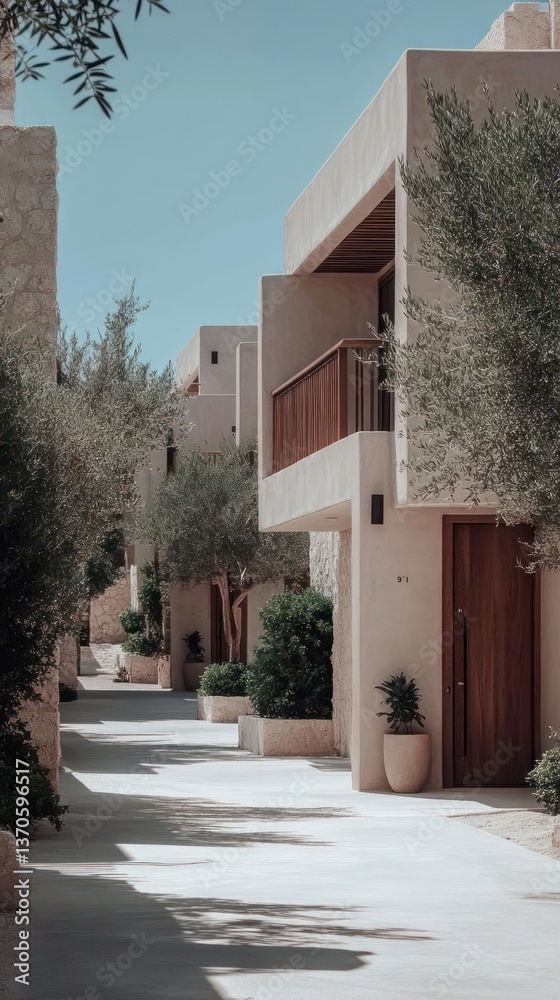 Poster exterior view of buildings with modern minimalist architecture with trees and blue sky on a sunny da