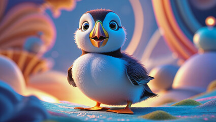 Naklejka premium AI-generated images of a storybook character 3D animation-style, cute, playful baby Puffing bird