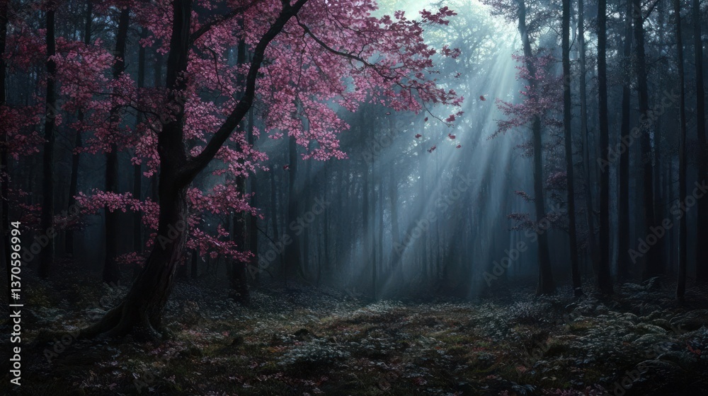 Poster serene forest scene with sun rays streaming through trees and pink cherry blossoms. peaceful and mys