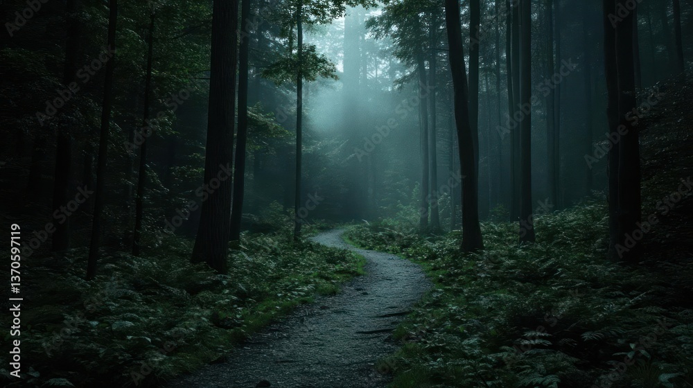Poster lush forest path leading into atmospheric light amid dense trees. wet leaves and rain create an eeri