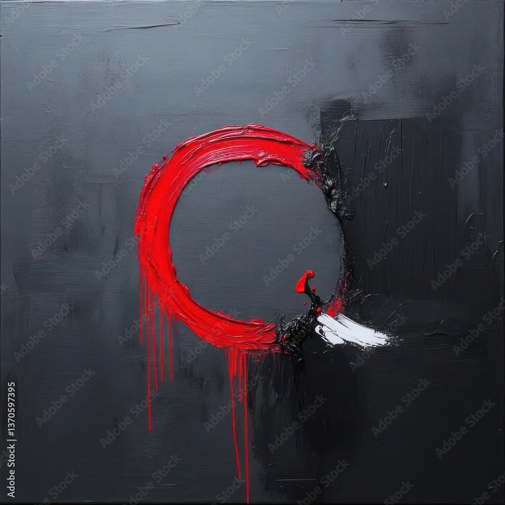 Poster abstract artwork on a black textured surface featuring a bold red circle with paint drips and a whit