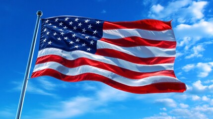 American Flag Waving Against Vibrant Blue Sky with Scattered Clouds