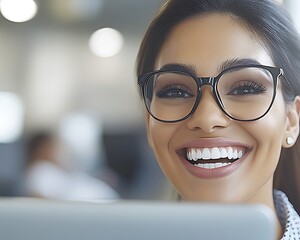 Happy businesswoman smiling at her laptop.