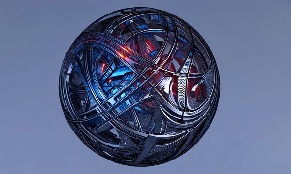 futuristic fractal sphere with cybernetic design drifting in deep space, emitting hypnotic neon blue and red lights, ultra-hd 4k sci-fi atmosphere