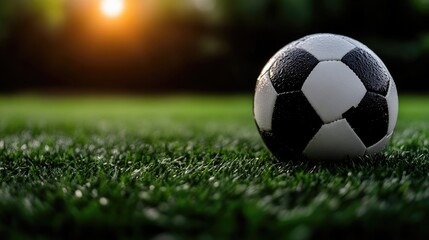 Fototapeta premium Soccer ball on a grassy field at sunset. Dewy grass, focused on the ball. Golden light
