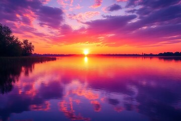 A calm lake reflecting a vibrant sunset, with the sky ablaze in shades of orange, pink, and purple