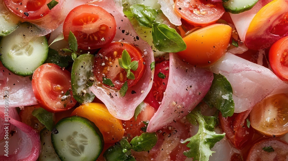 Poster close up of mixed salad with tomatoes cucumbers basil and ham slices seasoning with pepper in vibran