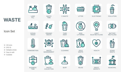 Environmental and waste with green icon set 