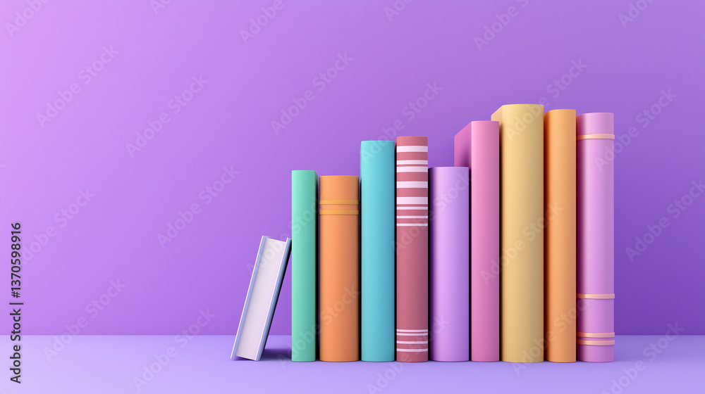 Poster Colorful books standing in a row on purple background