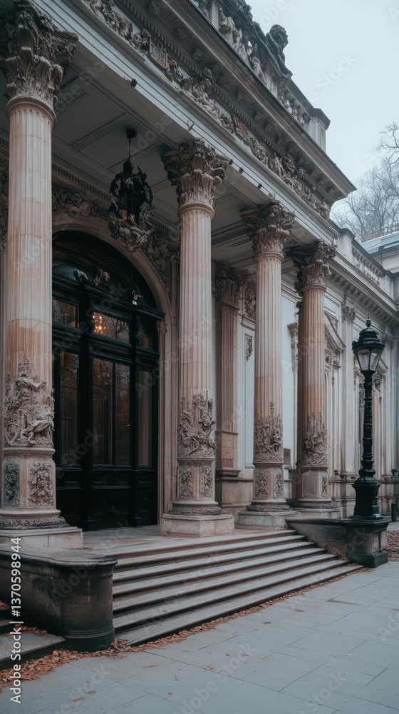 Poster ornate architecture building facade with detailed carvings tall marble columns a grand entrance and 