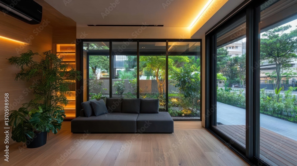 Poster modern living room with large windows displaying natural light and green outside with a gray couch a