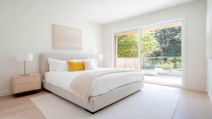 Fototapeta premium Modern bedroom with patio view. Light and airy space features a large bed, natural light, and outdoor access