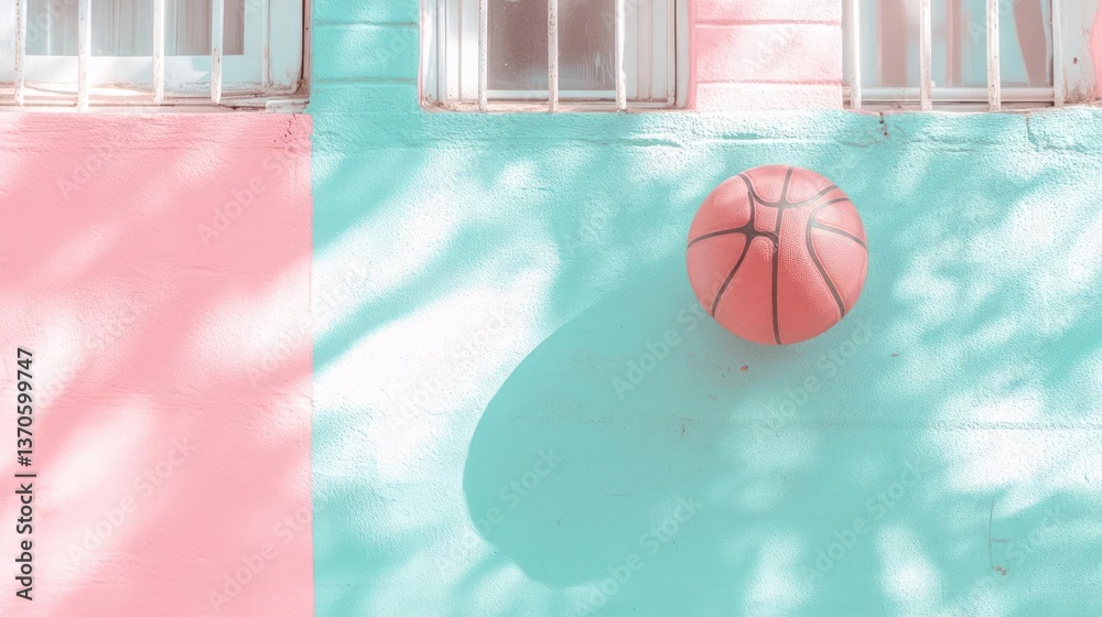 Aufkleber A basketball is mounted on a wall painted in a vibrant split color scheme. The upper section and window frames are white while the lower section is pink and blue with shadows and highlights