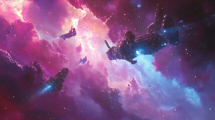 A high-tech space exploration scene with astronauts and advanced spacecraft traveling through a colorful nebula.