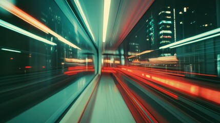 Fototapeta premium Fast moving train through a vibrant urban cityscape at night