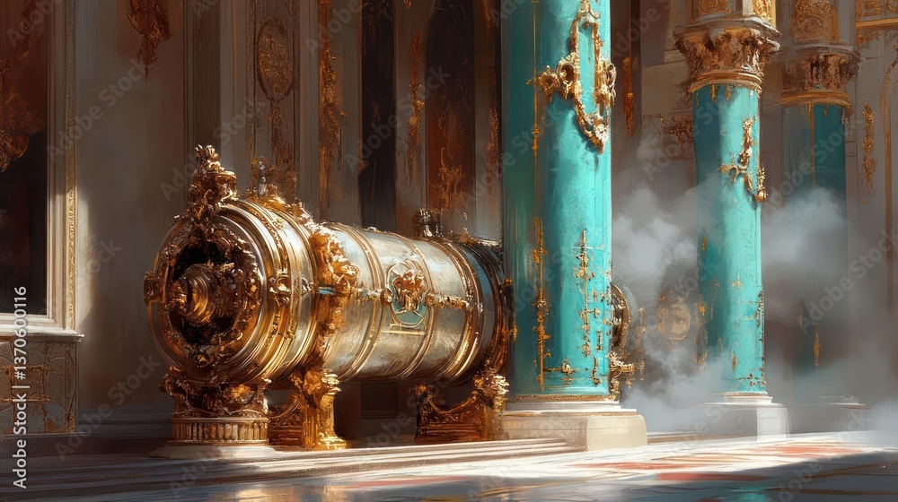 Fototapete An ornate golden decorative object rests on a pedestal between turquoise columns. The architecture is classical in style with gold accents and a vaporous atmosphere