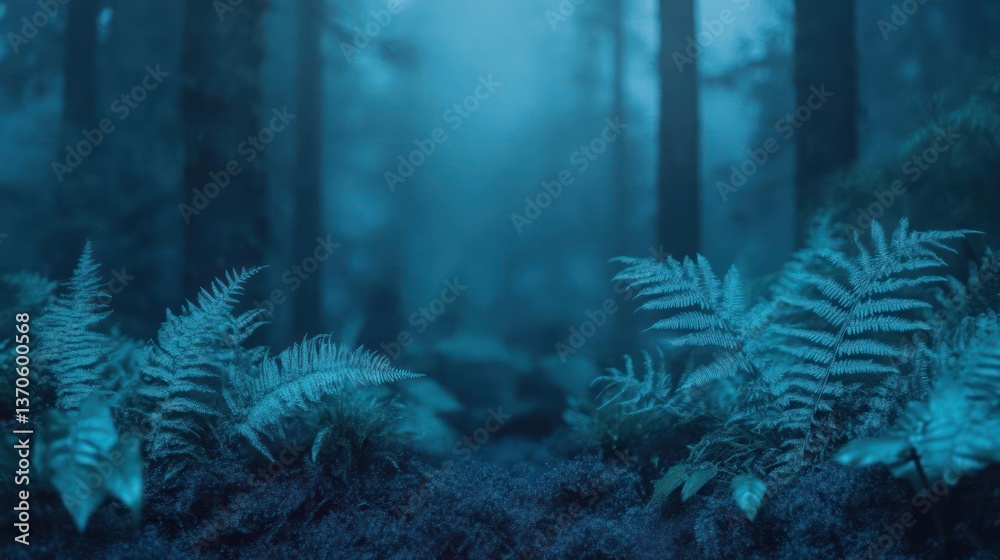 Fototapete atmospheric forest scene with ferns in the foreground. soft lighting and mist create a mysterious mo