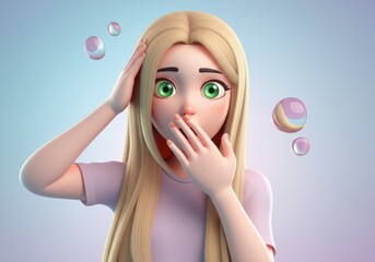 Surprised animated girl with long blonde hair and green eyes covering her mouth