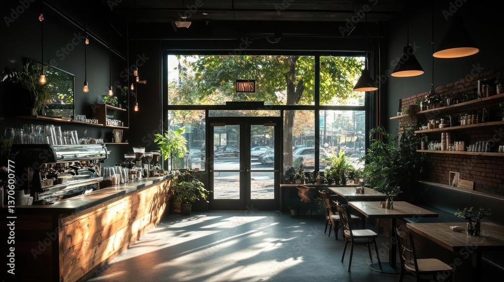 Poster Interior view of a cafe with large windows and a view of the street Trees and sunlight stream through the glass creating a warm inviting atmosphere