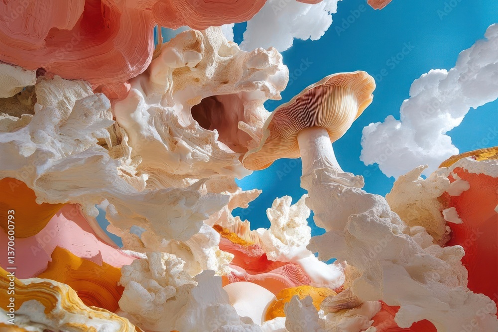 Aufkleber abstract landscape with various coral shapes and mushroom on a turquoise background