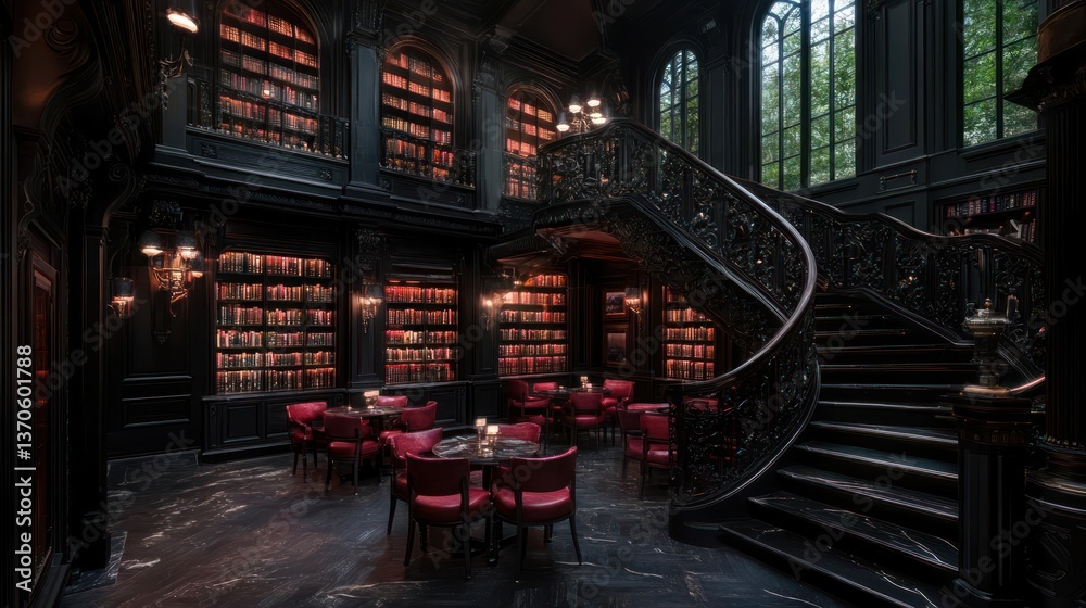 Poster Elegant black library with spiral staircase red chairs bookshelves and a large window overlooking trees creating a luxurious and inviting atmosphere. The room is adorned with decorative lights