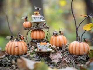 A tiny tea party set up on top of stacked miniature pumpkins, hosted by insects and small woodland creatures